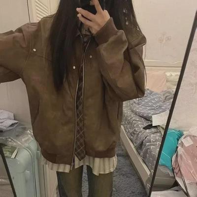 Women's Retro Brown PU Leather Motorcycle Jacket - Casual, Versatile, Spring/Fall Trendy Fashion