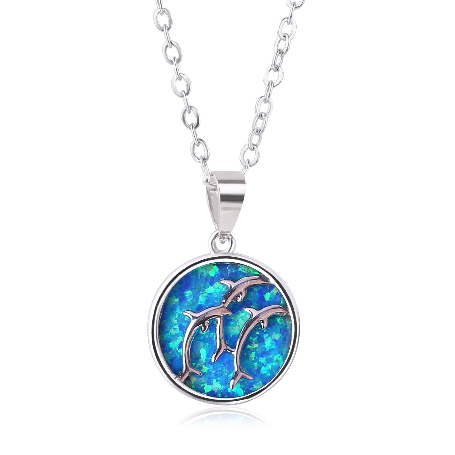 KELITCH Synthetic Opal Choker Necklace with Dolphin Pendant, 16-18  Chain Necklace (Blue)