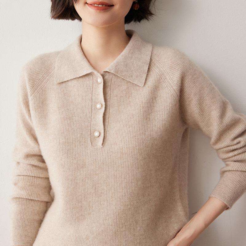 2024 Autumn/Winter Women's Cashmere Polo Neck Buttoned Lapel Pullover