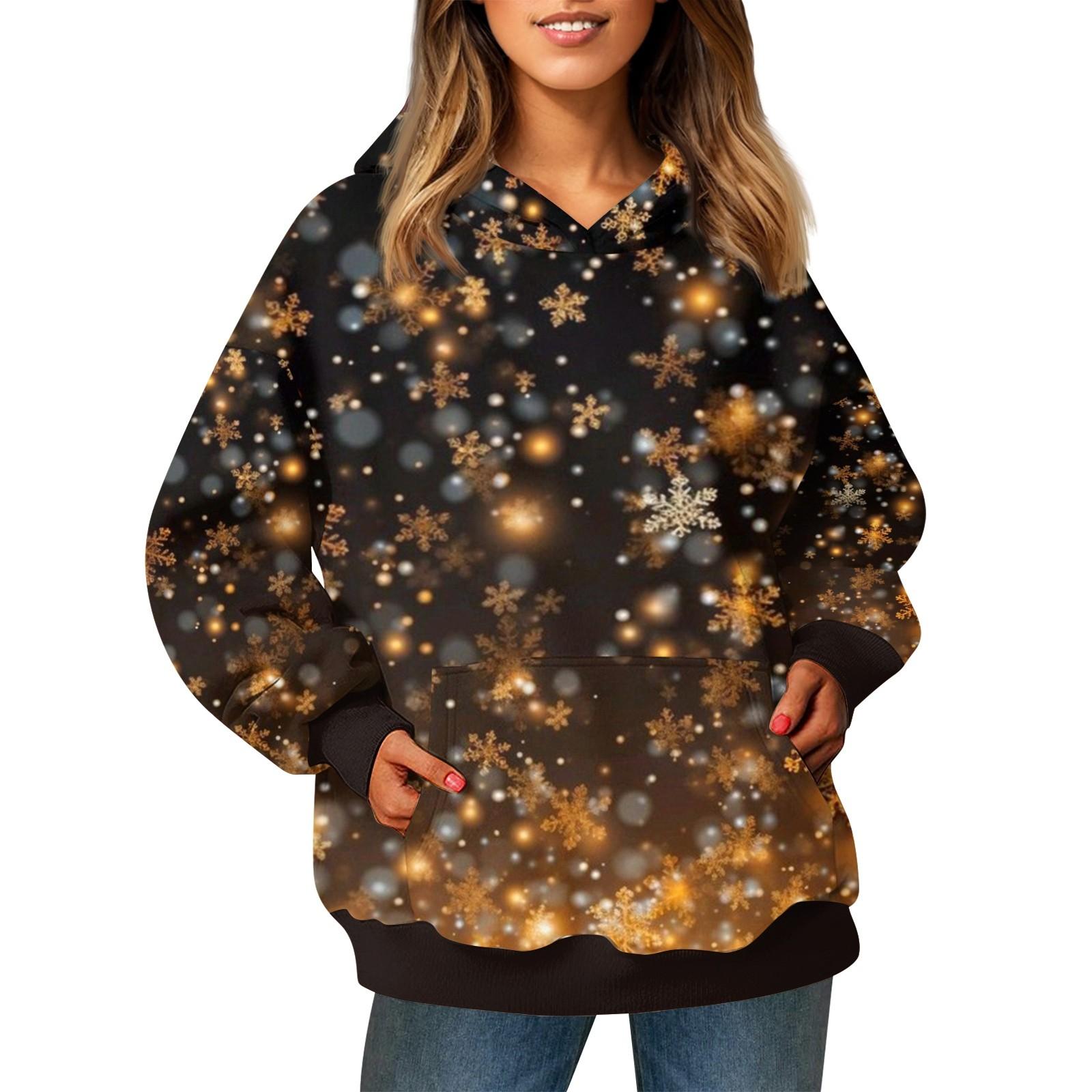 

Женский модный свитер с длинными рукавами и рождественским принтом, с капюшоном и карманом L