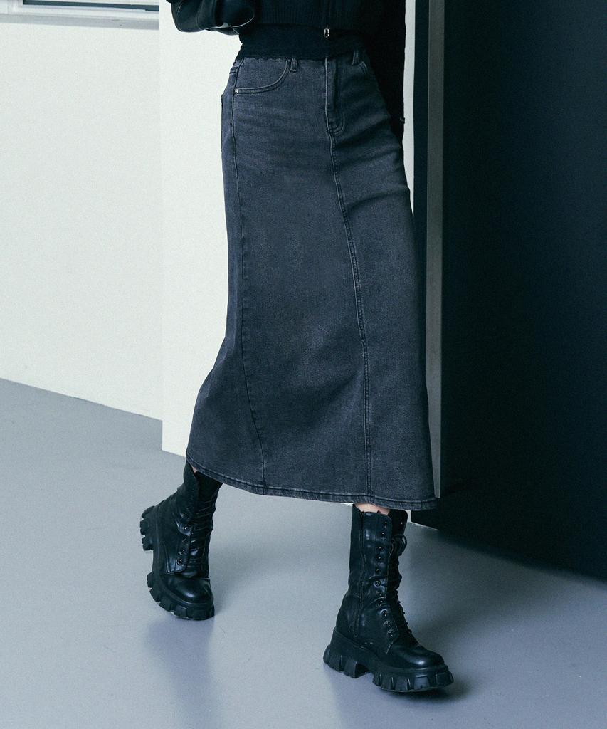 Np Studio Slit Washed Long Denim Skirt Black
