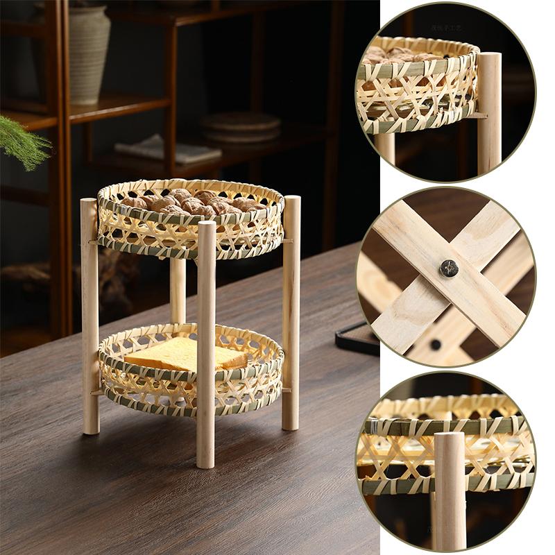 1set Multi Layered Basket Rustic Wooden Frame Fruit Basket For Home Kitchen Bamboo Weaving Basket Small 18/20cm