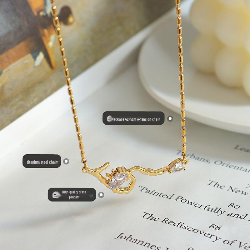 Celebrity-Inspired Gold-Plated Titanium Steel Necklace with Zircon Root-Shaped Pendant