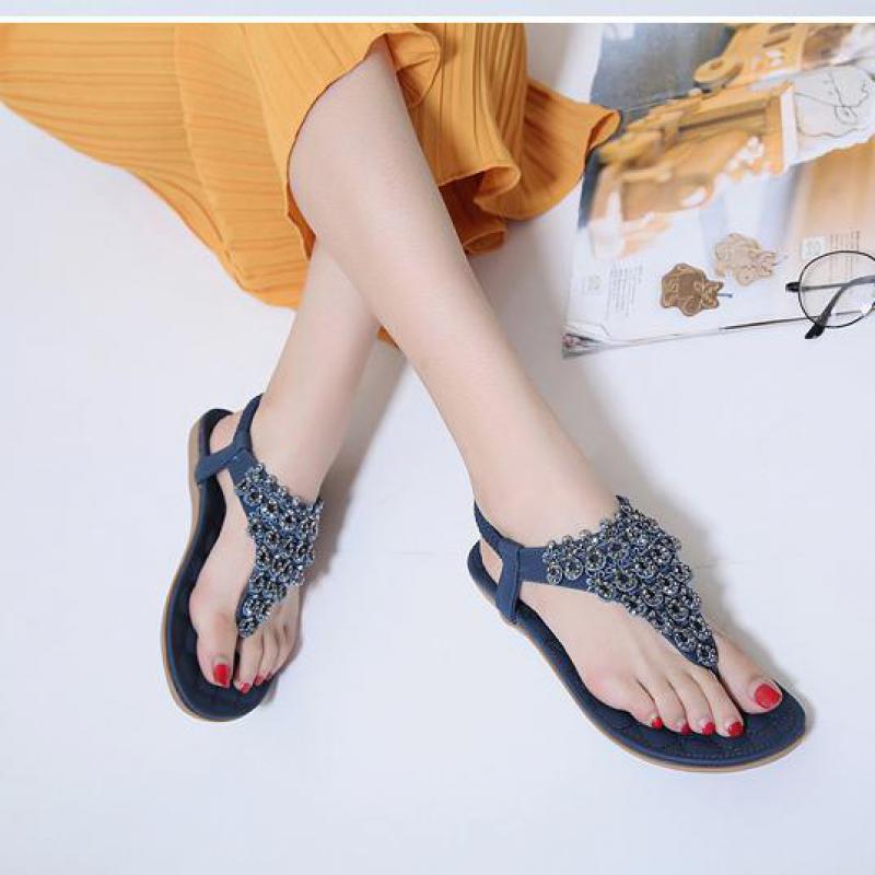 Johnature Grundlegende lässige Gummiband-feste ethnische Kristallrückseiten-Riemen-flache mit Flip-Flops-Frauen-Schuhen