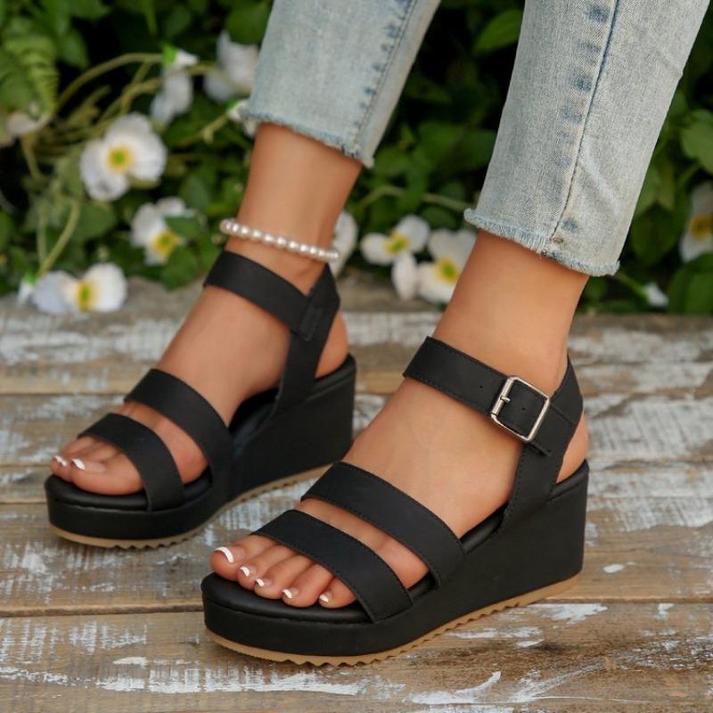 Summer New Wedge Heel Sandals for Women Open-toe Thick-soled Buckle Roman Sandals Non Slip Beach Shoes for Woman