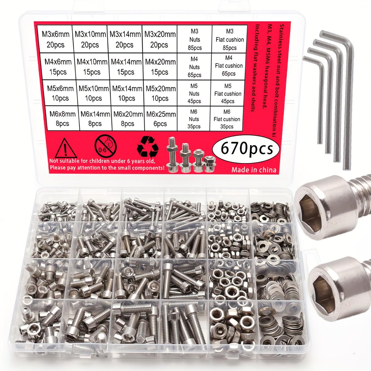 

670pcs Stainless Steel Allen Screw and Bolt Combination Set | M3, M4, M5, M6 Hex Head | Includes Flat Washer Wrench серебряный