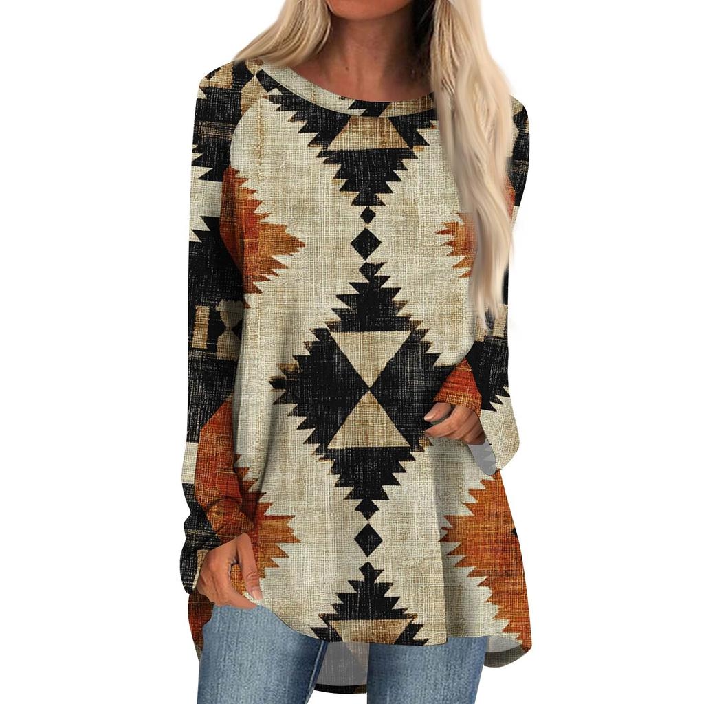 Women's Fashion Casual Long Sleeve  Print Round Neck Pullover Top Blouse