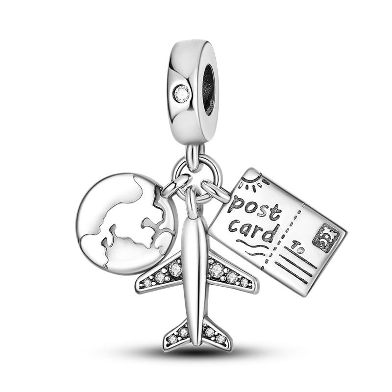 Fit Original Copper Charm Beads Airplane Camera Earth Travel Charms Pendant Safety Chain For Woman Fine Diy Jewelry