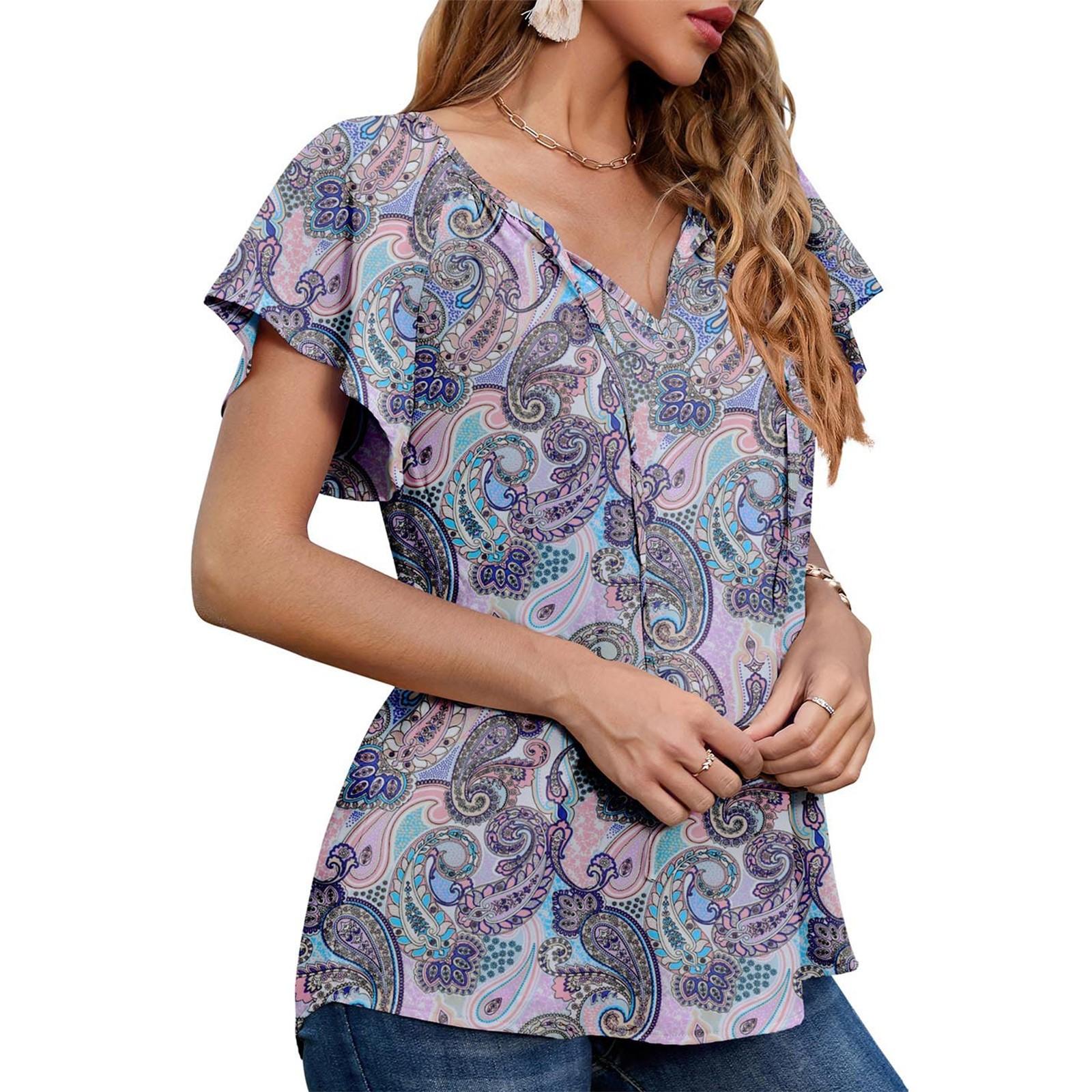 

Women s Casual Fashion Chiffon Printed Short Sleeve Loose Shirt XL фіолетовий