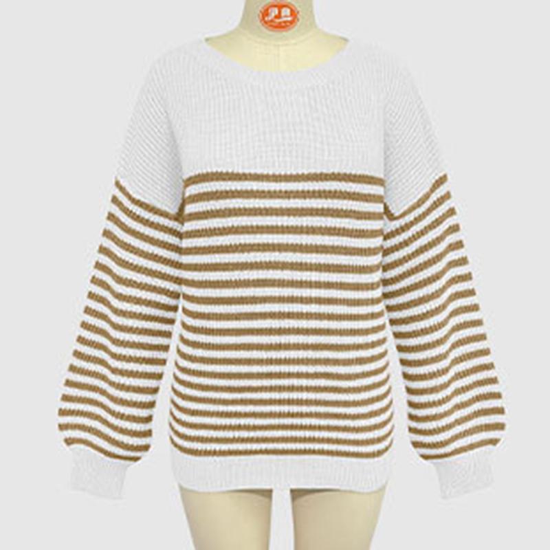 Ladies Autumn Winter Long Sleeve Round Collar Striped Pullover Knitted Sweater Knitwear Top