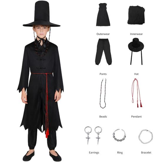 1 Set Black Hunter Costume Set Well-Crafted Traditional Clothing Role-playing Props Coat Trousers Hat Chain