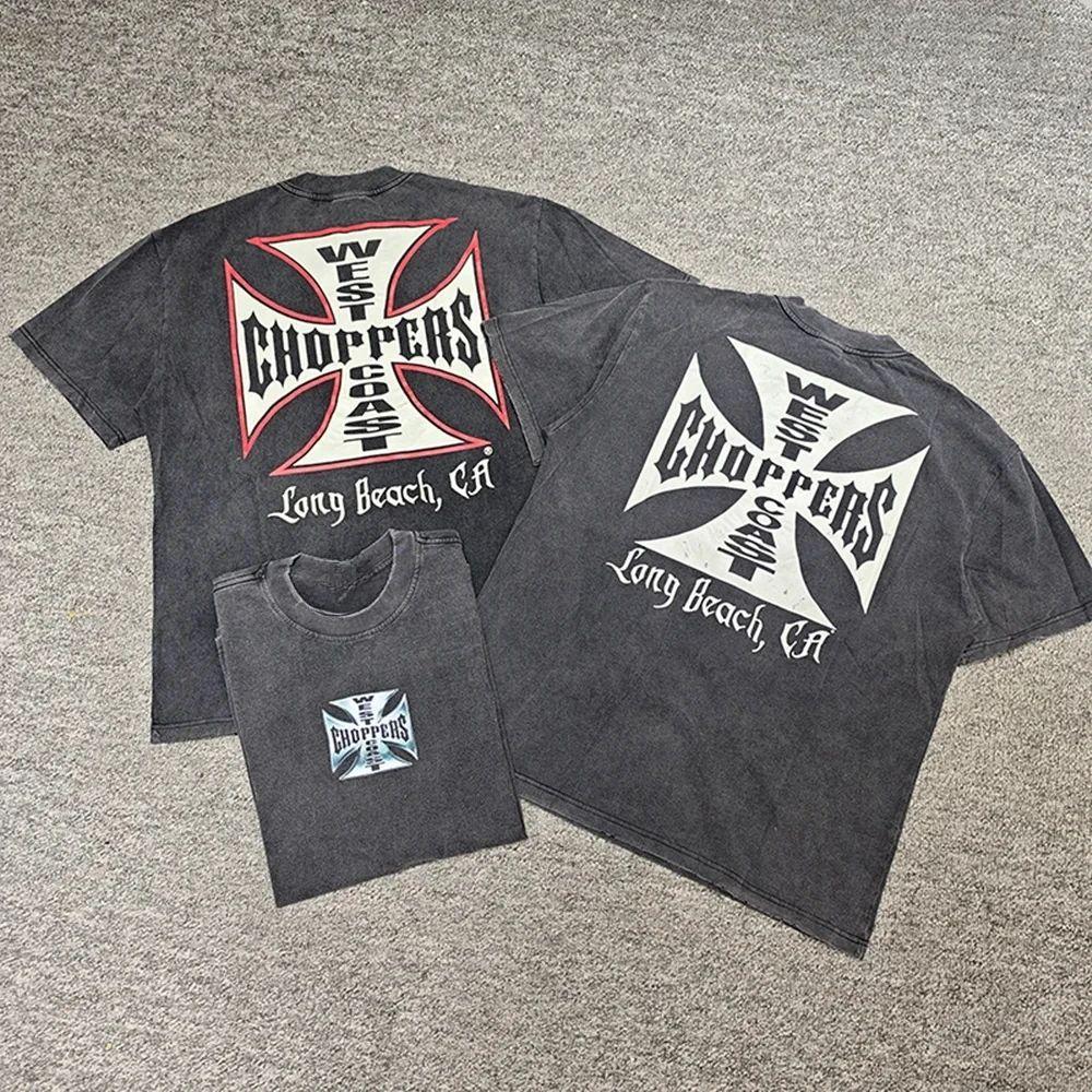 T-shirt Lavata Stampata Y2k Vintage West Coast Choppers Cotone Lavato Stile Retro Vestibilità Larga Casual Streetwear Unisex