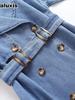 Women's Spring Autumn New Style Windbreaker Loose Double Buckle Belted Denim Jacket Coat British Style Overcoat