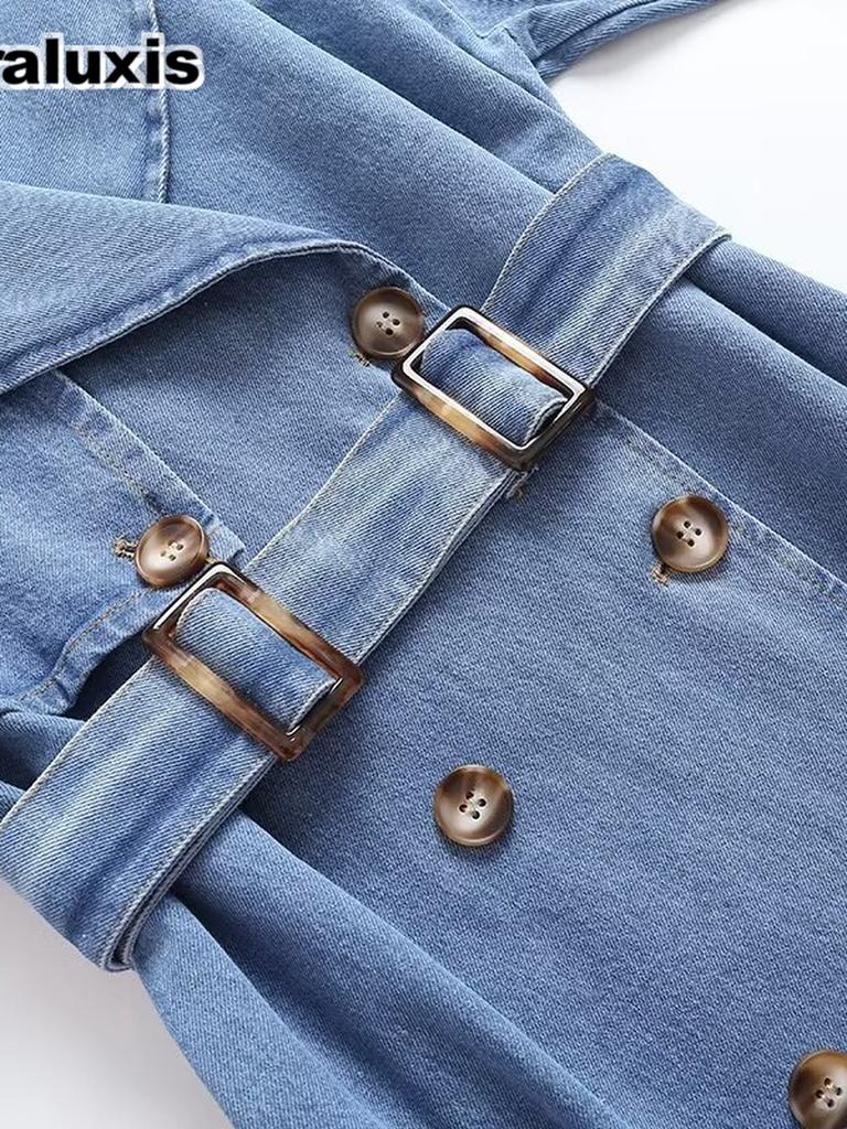 Women's Spring Autumn New Style Windbreaker Loose Double Buckle Belted Denim Jacket Coat British Style Overcoat