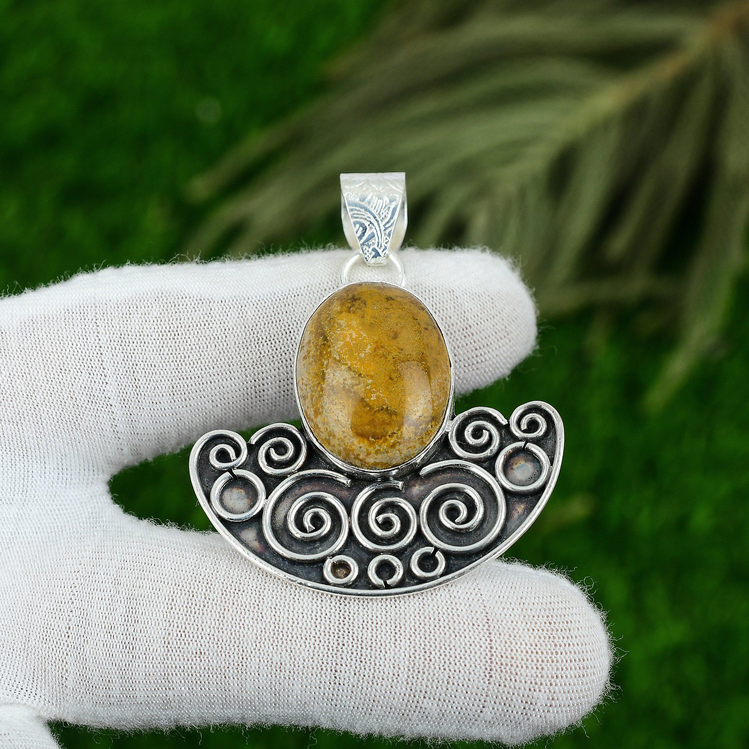 Natural Ocean Jasper Gemstone Pendant Yellow 925 Sterling Silver Indian Jewelry