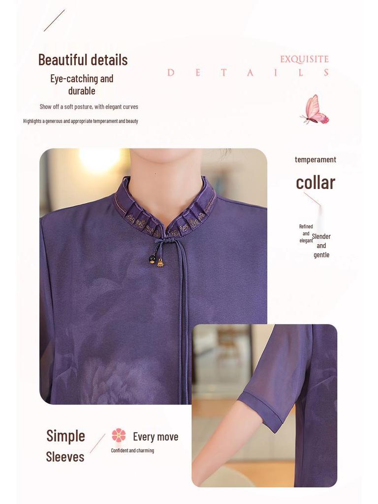 Mom's Stylish 2026 Summer Chinese Qipao Dress: Modern Short-Sleeved Chiffon for Middle-Aged & Elderly Women