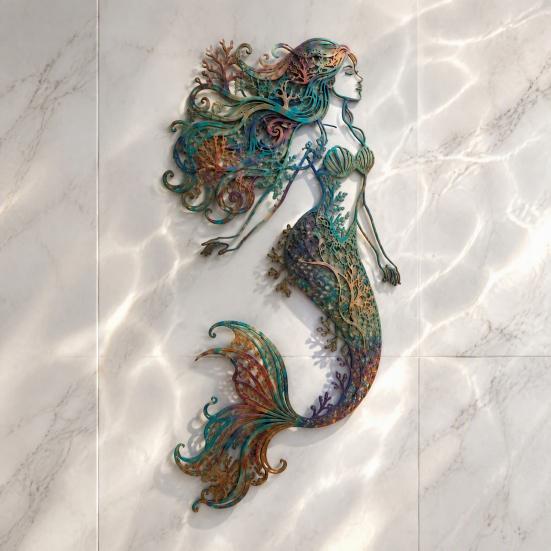 Rustic Metal Art for Patios Mermaid Wall Decoration, Three-dimensional Hollow Iron Artistic Crafts Sculpture, Retro Ocean Style Hanging Figures