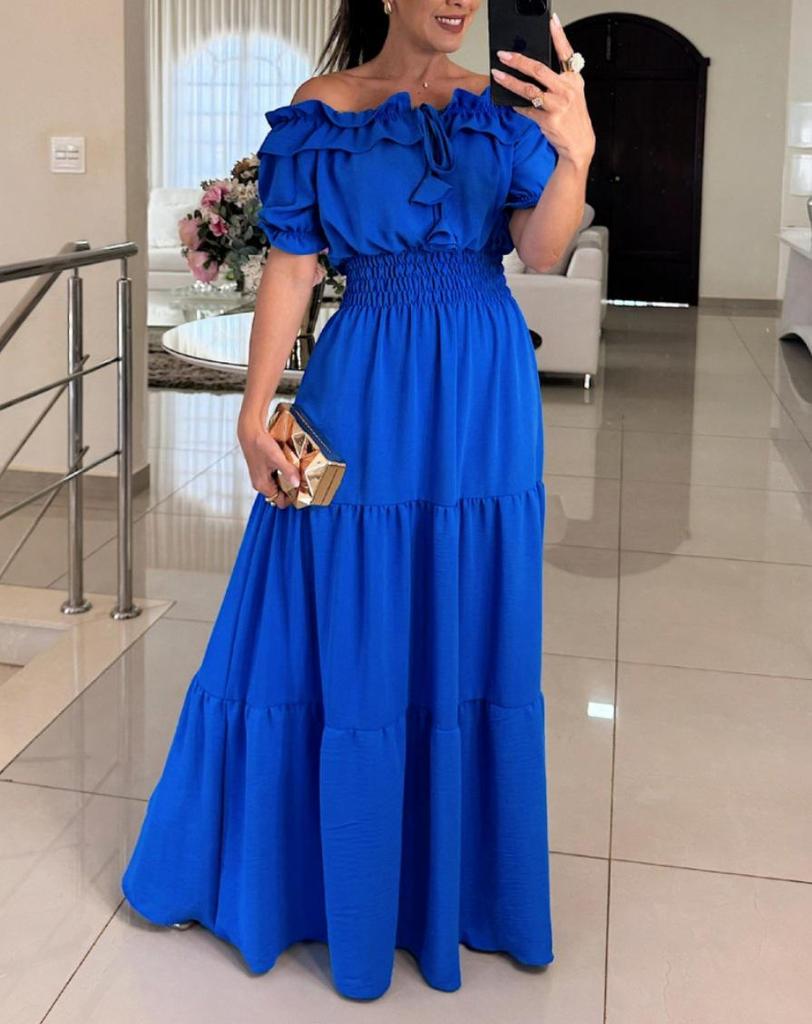 2025 Euro-American Trendy Off-Shoulder Ruffle Puff Sleeve Lace-Up Dress for Women