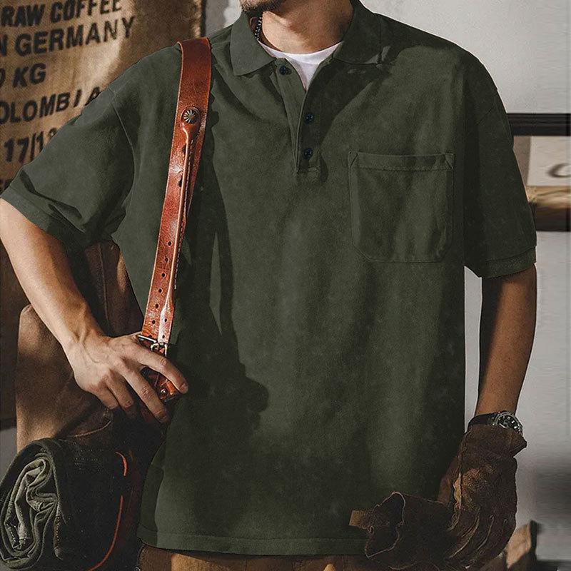 Summer new lapel button T-shirt men's retro washed heavy short-sleeved loose casual top men's