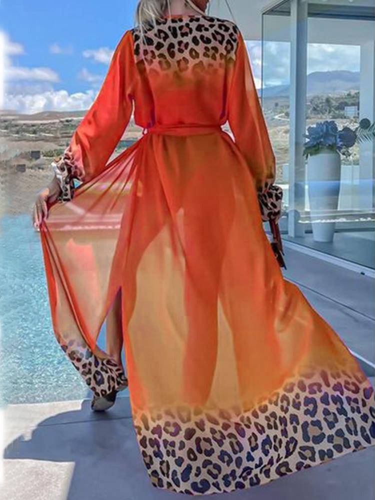 Leopard Print Beachwear Bathing Suit Coverup Plus Size Chiffon Long Sleeve Maxi Dress Open Front Kimono Cardigan Lightweight Tunic Belt Outfit A2705