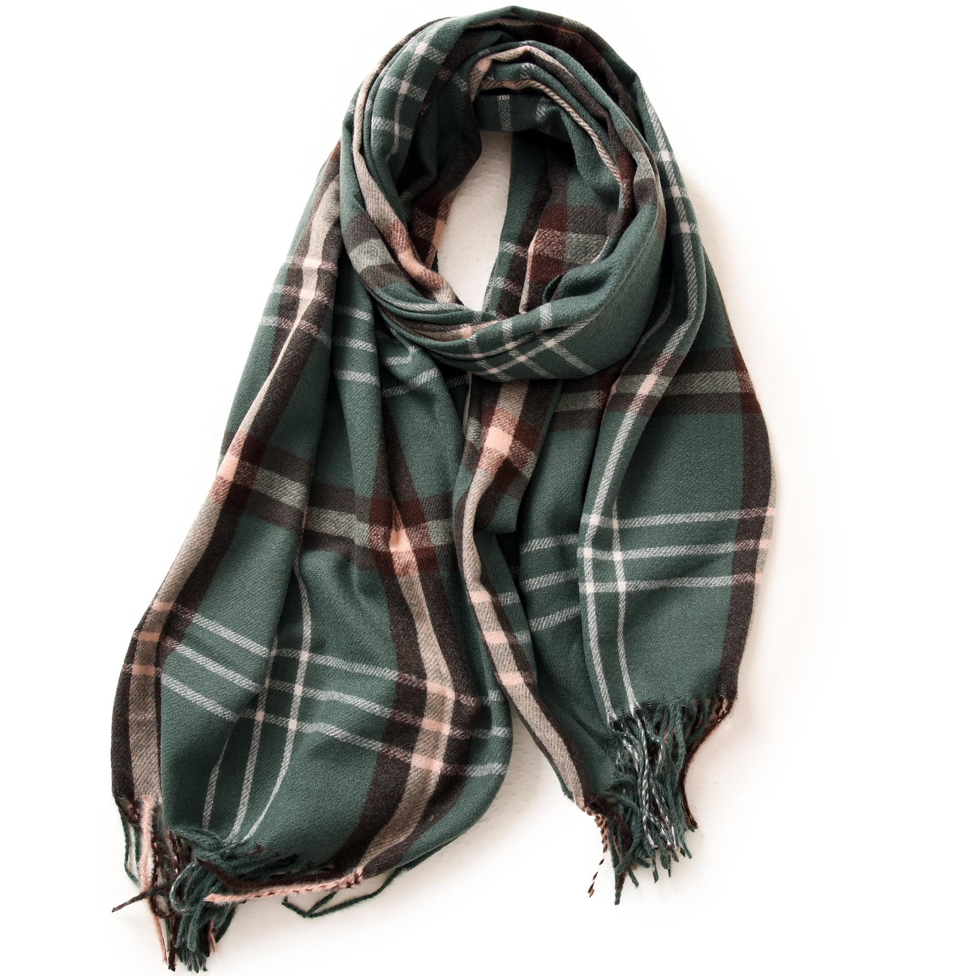 

Полосатый клетчатый шарф, осенне-зимний женский кашемировый платок с кисточками, имитация кашемира зелёный