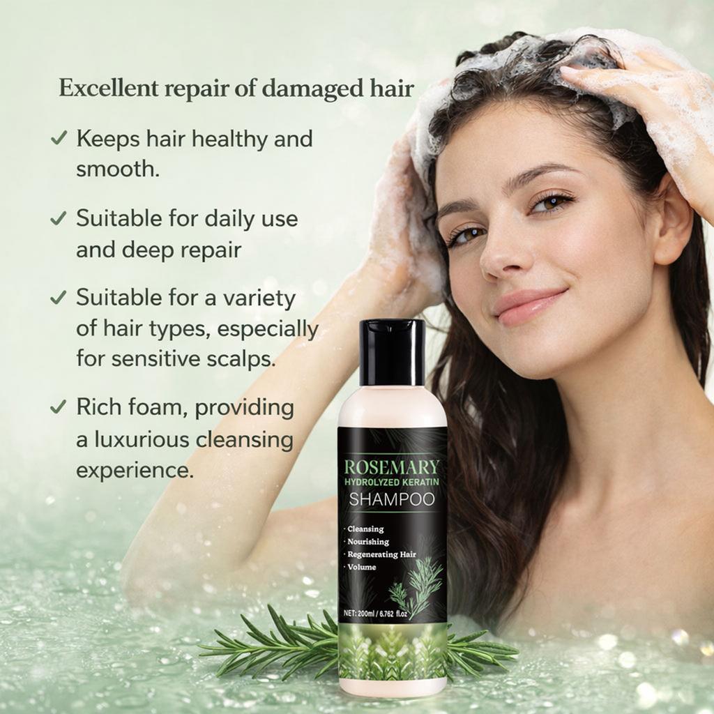 Bio šampón s rozmarínom na vlasy - s hydrolyzovaným keratínom, zahusťujúci, dodávajúci objem, redukuje lámanie & dodáva lesk, 200 ml
