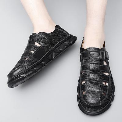 Sandale romane goale pentru bărbați, pantofi retro cu vârf rotund, strat din piele de vacă, Baotou, vară nouă, respirabilă, nouă personalitate, sandale din piele de stradă