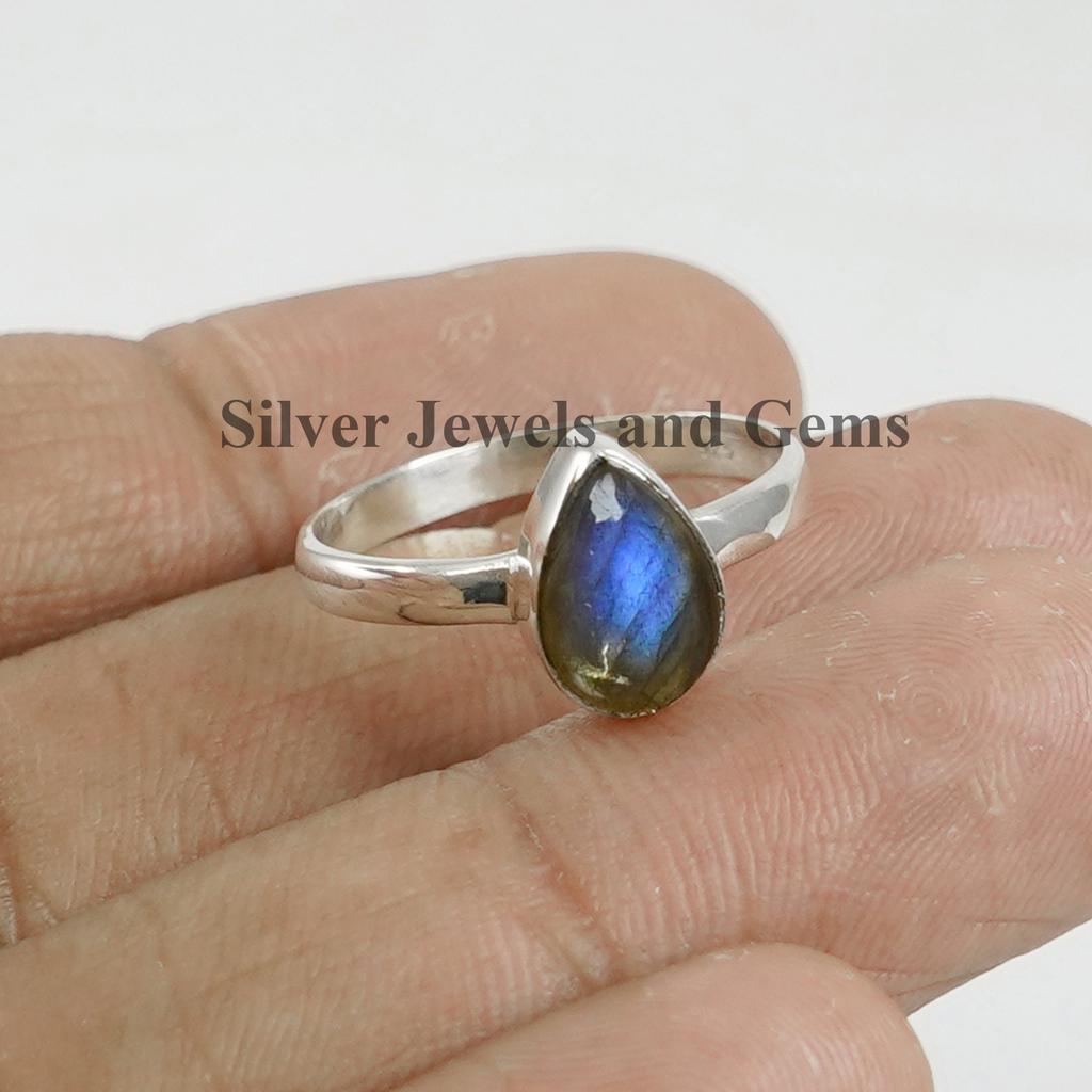 Natural Labradorite Ring, Dainty Gemstone Ring, Blue Fire Labradorite 925 Sterling Silver Ring, Teardrop Ring, Stackable Ring, Birthday Gift