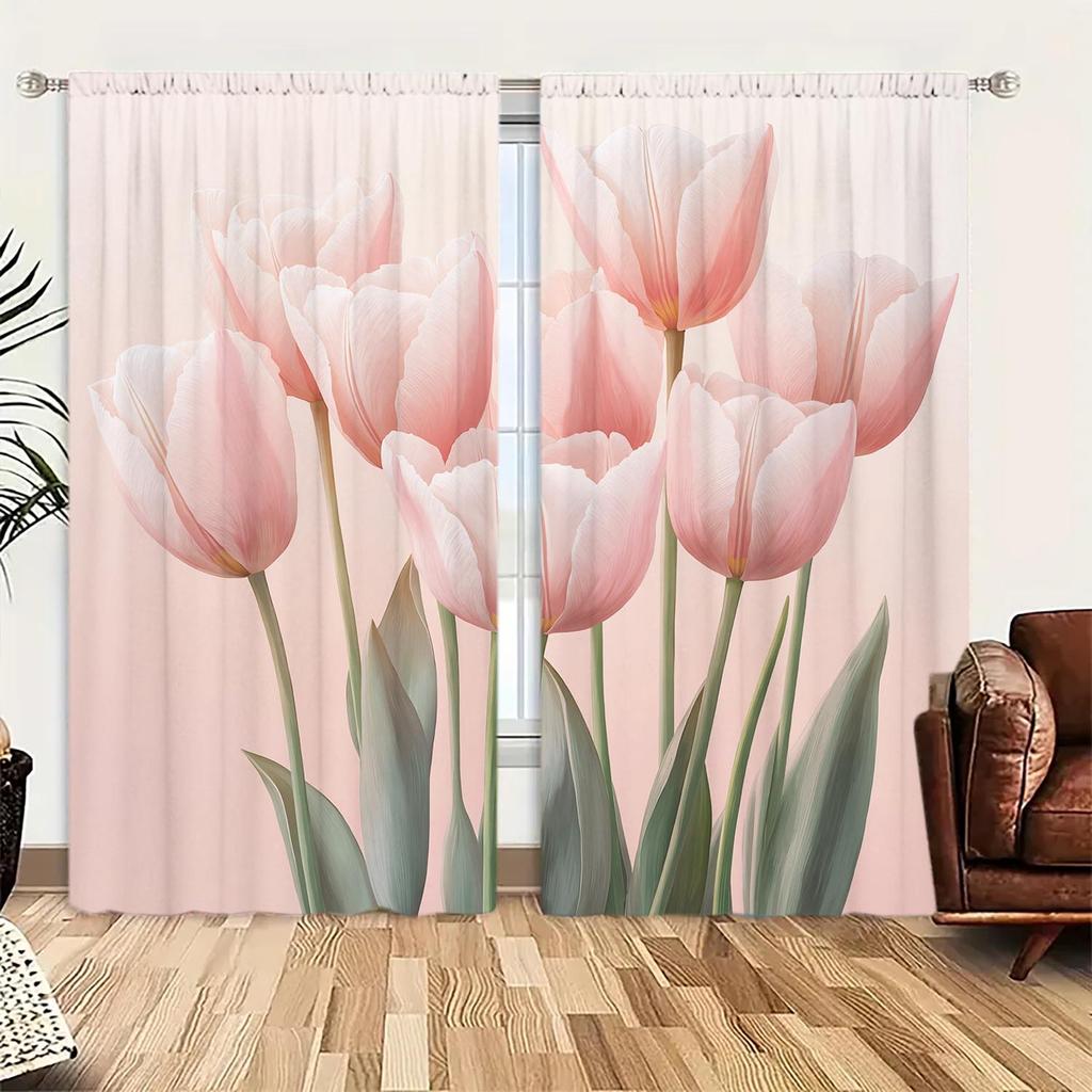 2 Piece Pink Tulip Curtains for Family and Friends   Sunshade and Privacy-protecting Pole-style Curtains