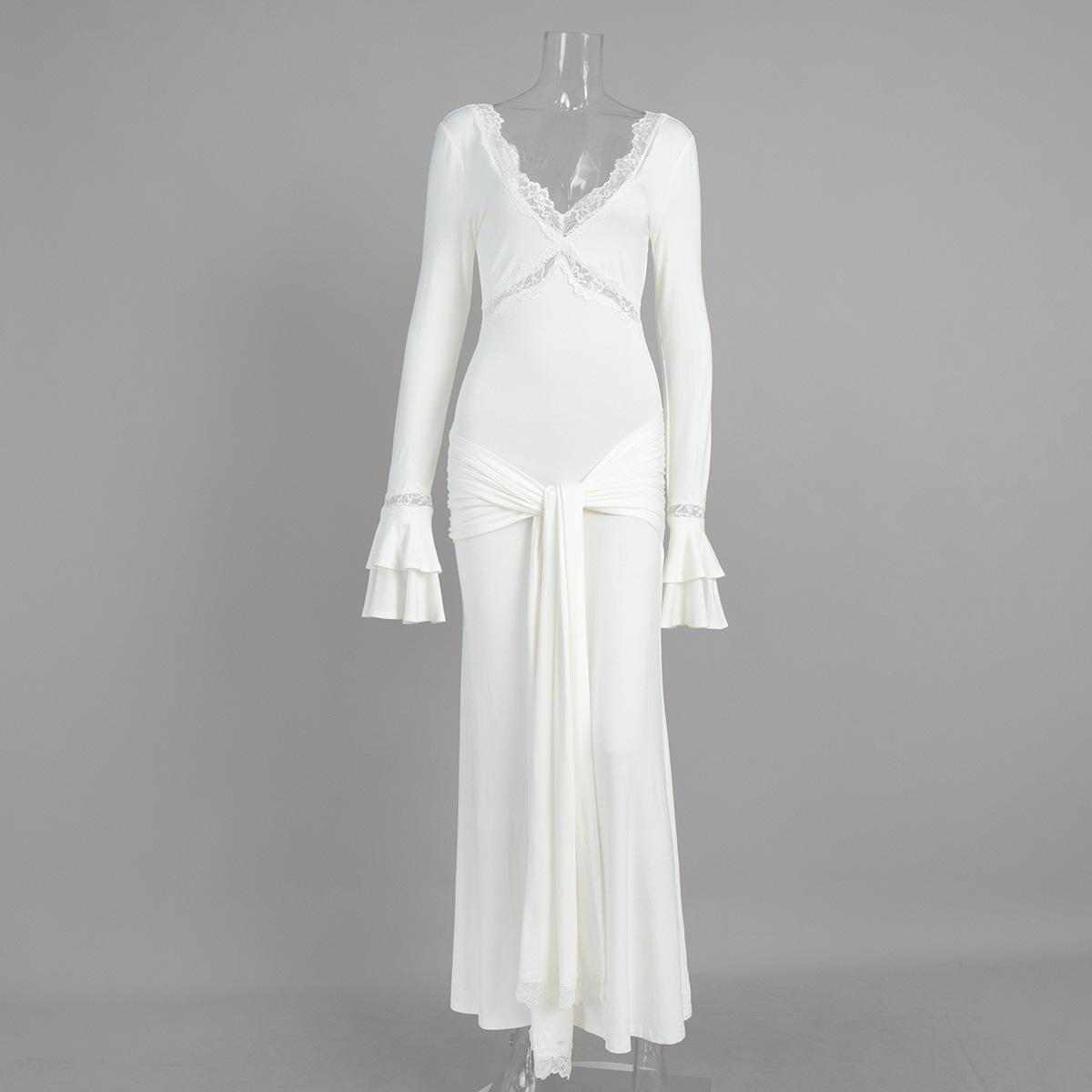 V-neck lace splicing satin fishtail dress, European and American spring and summer horn sleeve lace lace dress S