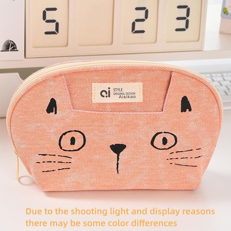 Pisică desen animat drăguță etui de creioane Geantă de papetărie din denim Geantă de depozitare pentru rechizite școlare de mare capacitate pentru studenți Etui multifuncțional