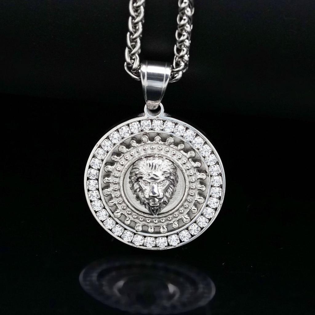 Hip Hop Lion Head Pendant Necklace with Rhinestone Fashion Men Stainless Steel for Boy Best Gifts Fashion Accessories Jewelry