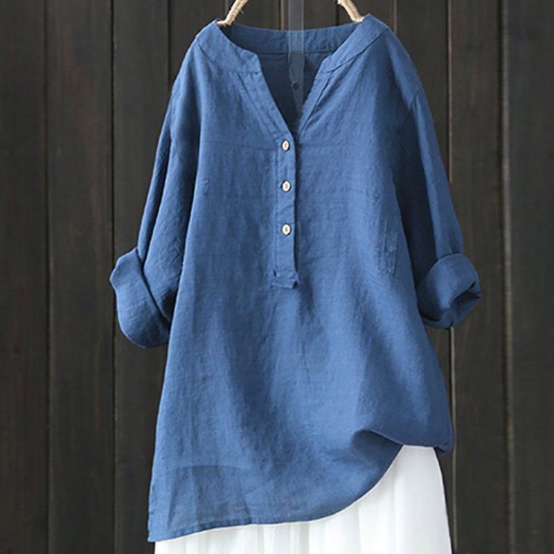 European & American Loose Plain Stand Collar Button Long Sleeve Cotton Linen Top for Women