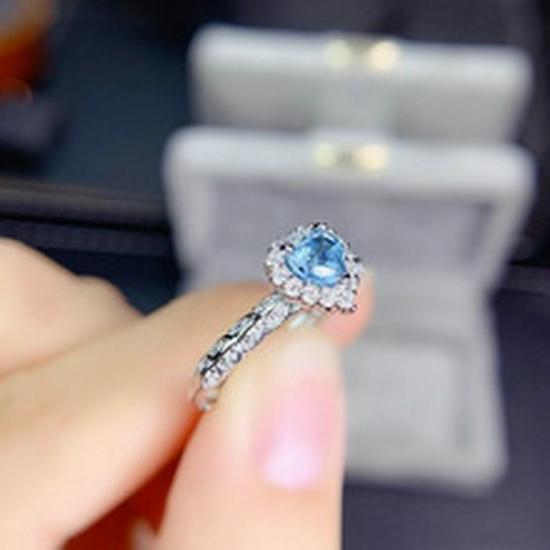 Aquamarine Topaz Heart-Shaped Women's Open Ring with Blue Diamond Color Gemstone - Trendy and Elegant Style