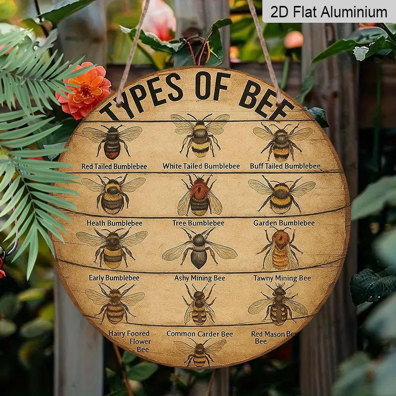 2D Flat, 1pc Vintage Bee Species Chart Aluminum Wall Sign - Round Beekeeper' Knowledge Plaque, Bee Lover Gift, Educational Bee Identification Chart