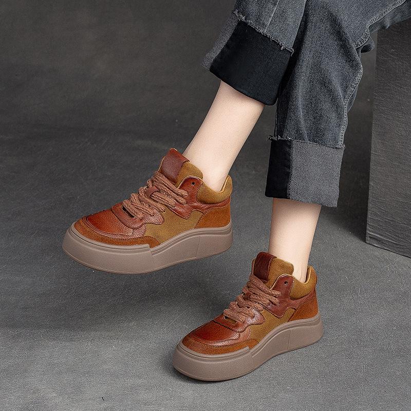 Fashion Spring Autumn Leather Thick Soled High Top Casual Shoes Women's Cowhide Retro Versatile Board Shoes Design Short Boots