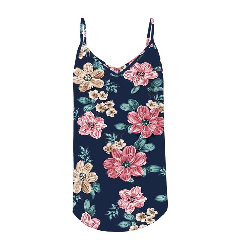 Kvinner V-hals Floral Tank Tops Dame Sommerferie Uformell Løs Vest T-skjorte