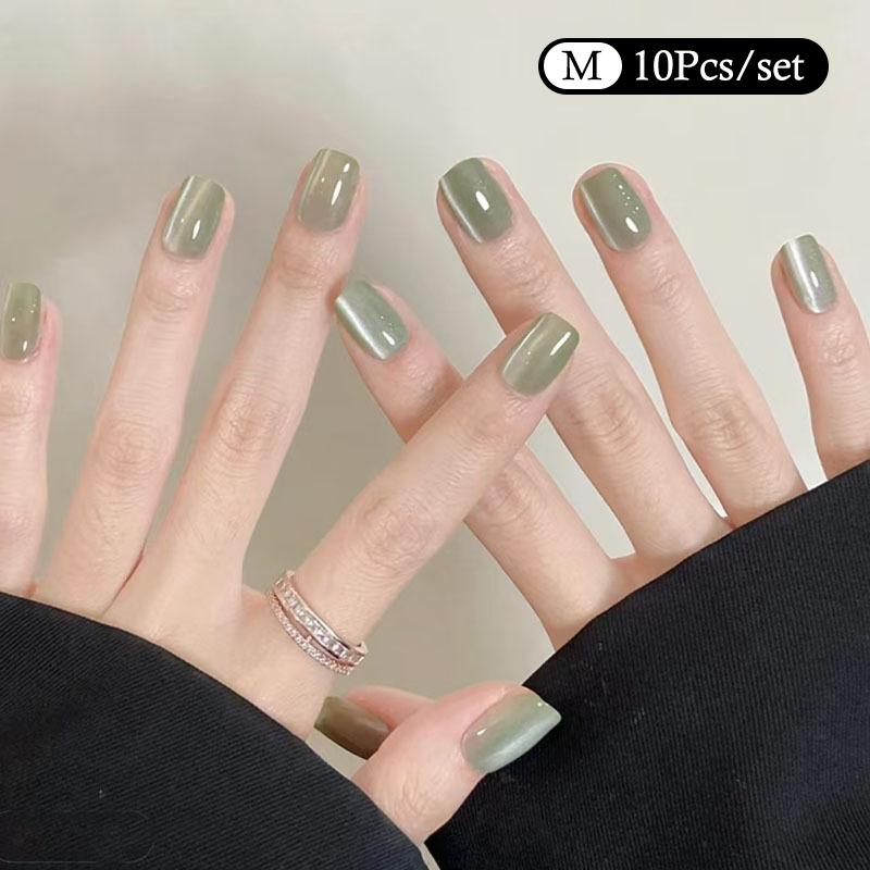 10Pcs Trendy Simple Solid Color Cat Eye Nail Art Fake Nails Long Lasting Fake Nails For Women Daily Office Party Manicure