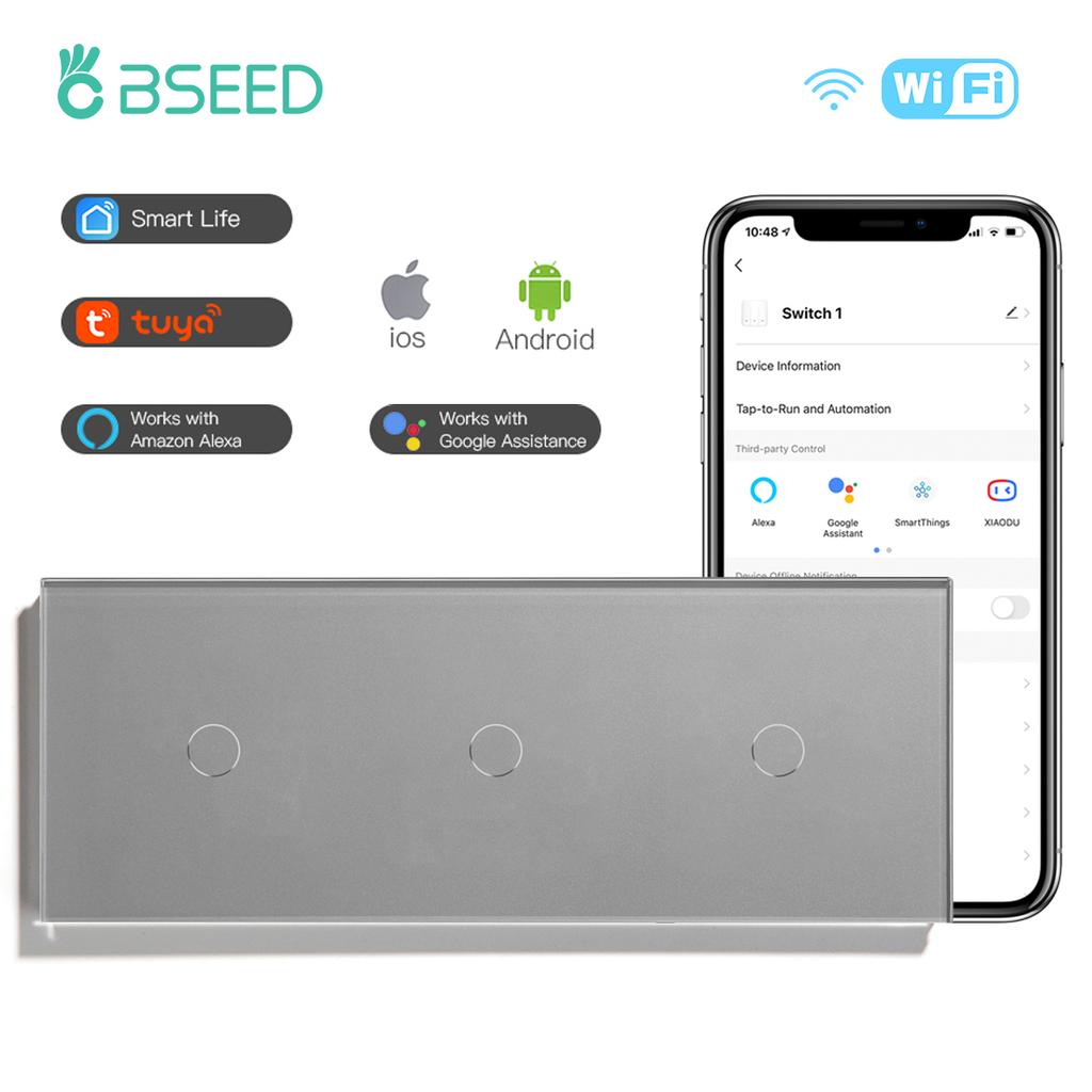BSEED Wifi Smart Touch Switches 1/2/3Way For Stairs Plus Normal EU Wall Sockets Tuya Smart Life Alice App Control Gray Series