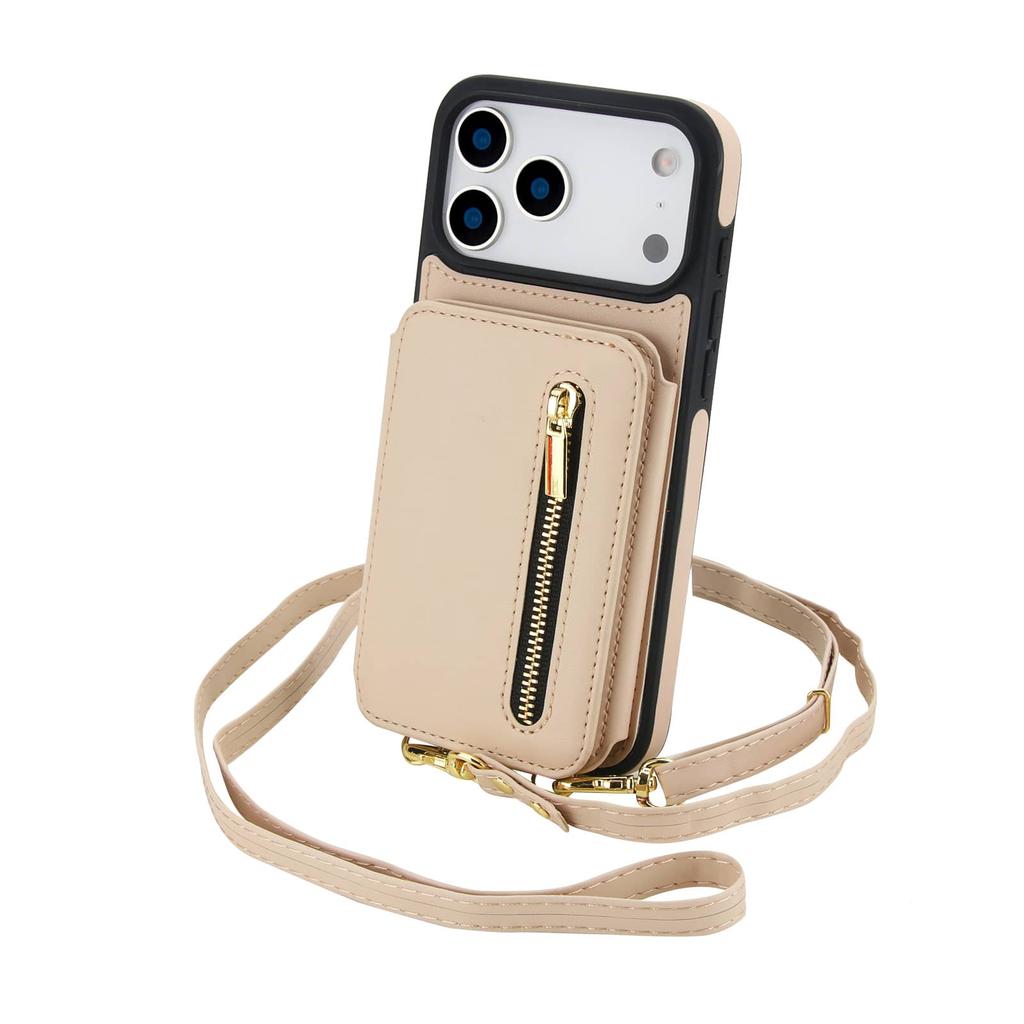 Zipper Wallet Case for iPhone 17/16e/16 Pro Max iPhone Air Women Crossbody Purse Credit Card Holder Lanyard Flip Kickstand Cover
