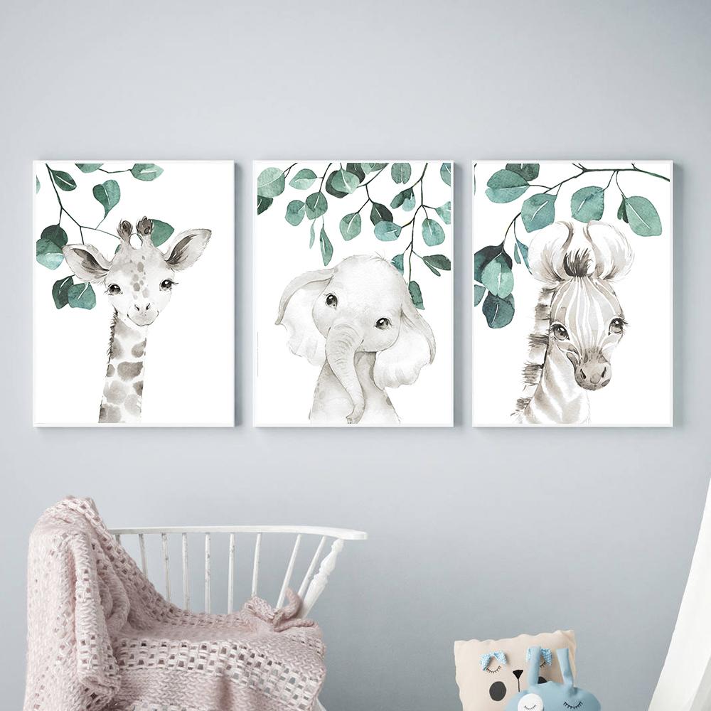 Safari Baby Animals Canvas Poster Nursery Zebra Giraffe Wall Art Print Eucalyptus Animal Painting Nordic Kid Bedroom Pictures