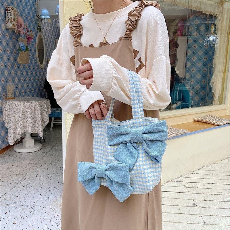 Trendy Light Blue Checkered Bowknot Handheld Tote Bag For Japanese Students