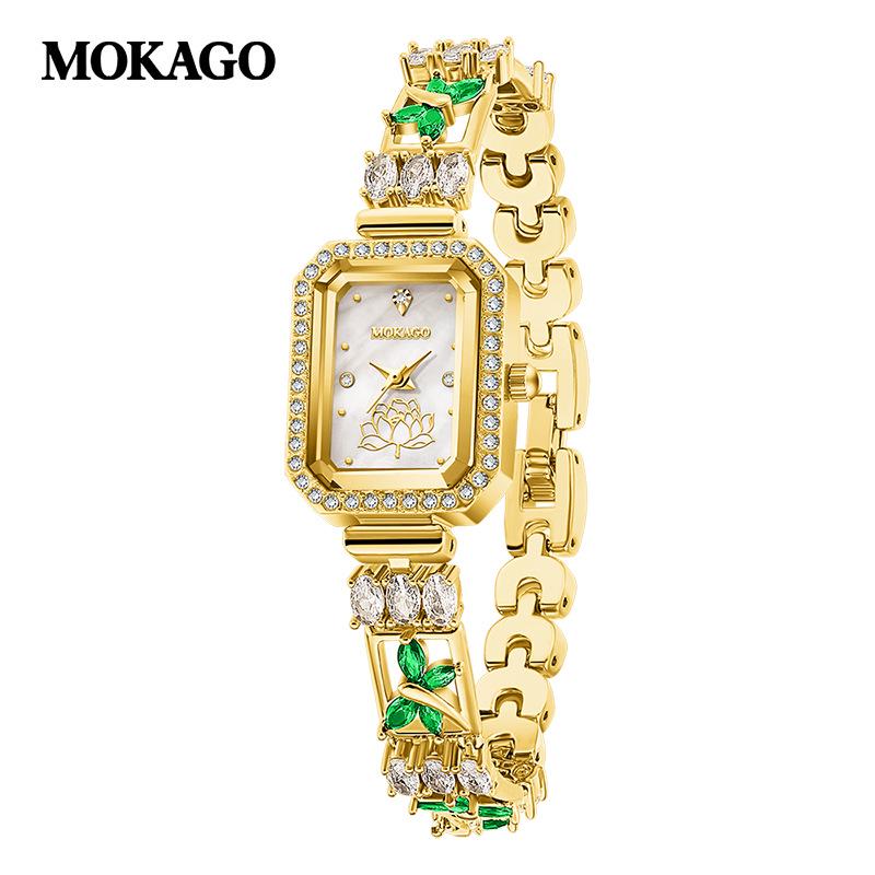 MOKAGO Sparkling Butterfly Quartz Watch, Lotus Mother-of-Pearl Dial, Copper Band, Light Luxury Waterproof Women s Fashion Wristwatch.