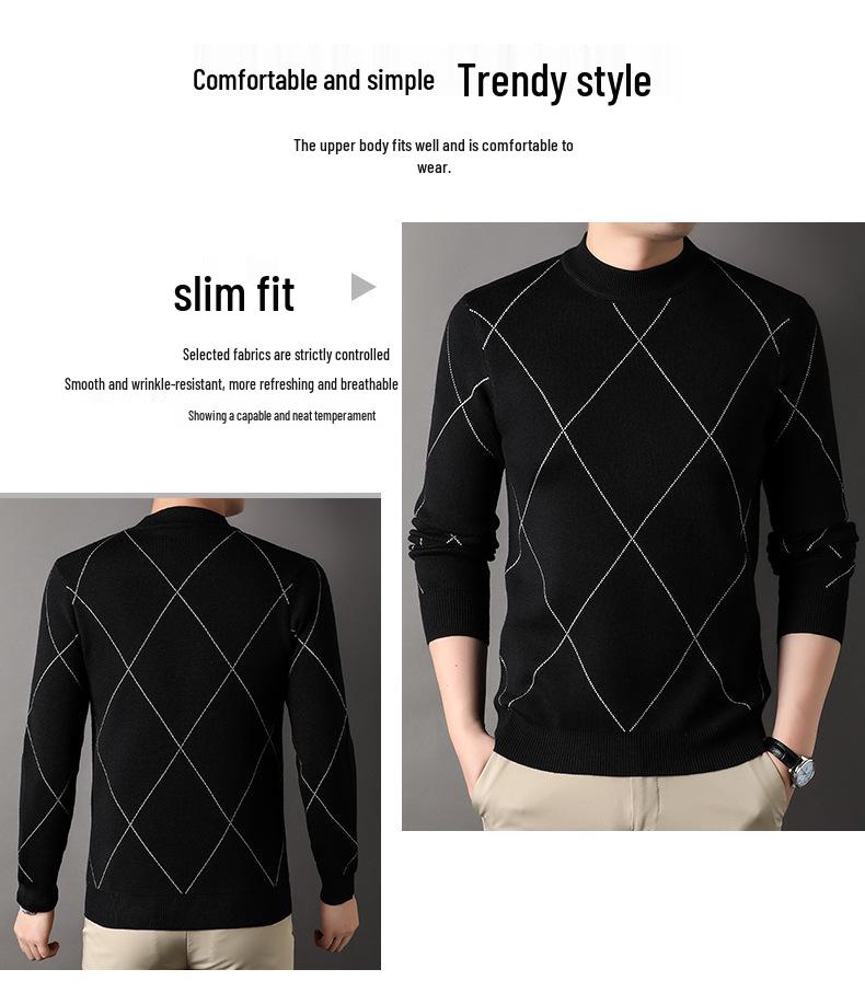 Men's 2025 Autumn/Winter Diamond Jacquard Knit Sweater - Round Neck, Long Sleeve