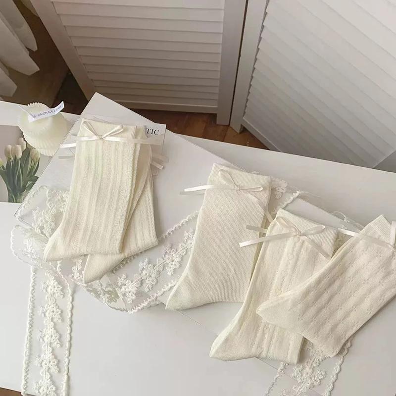 4 Pairs Women Butterfly Bow Net Eye Mid Tube Socks Spring Summer Sweat Absorbing Breathable Sweet Ballet Style Casual Socks