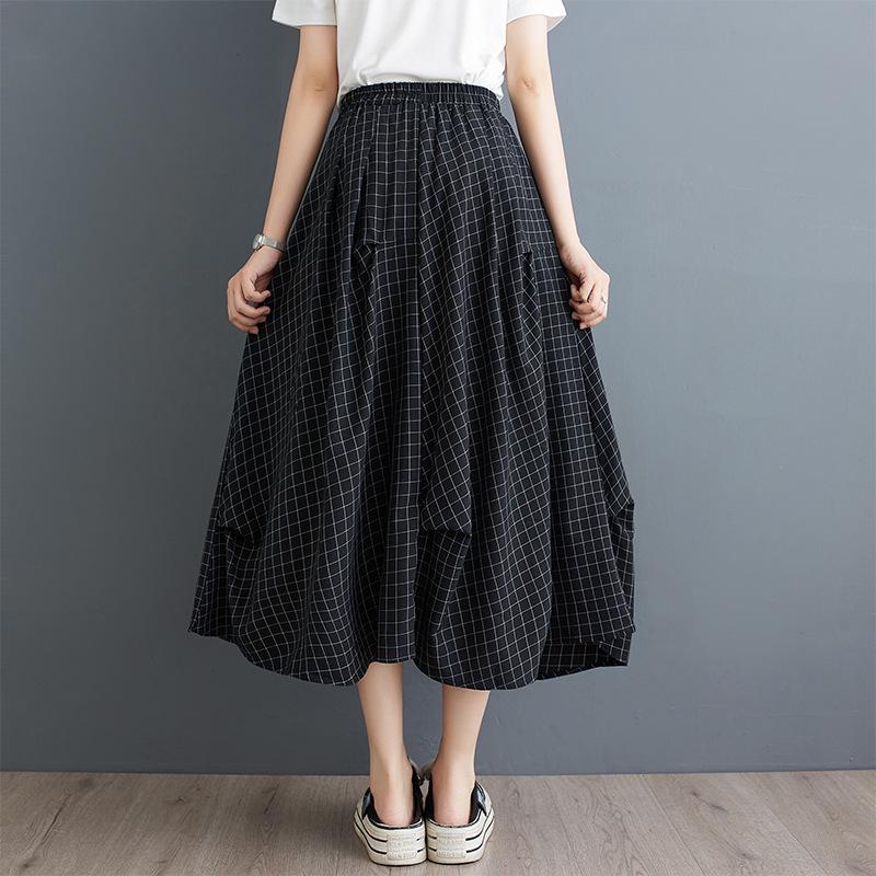 Women's Hepburn Style Plaid Midi Skirt - Three-Piece Dark Irregular A-line for Summer