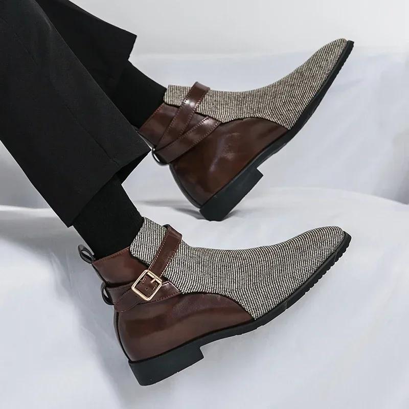 Mode Herr Stora Storlekar Läderkängor Trendiga Splicade Högtoppiga Herrkängor Andningsbara Halkfria Retro Spetsig Tå Casual Affärskängor