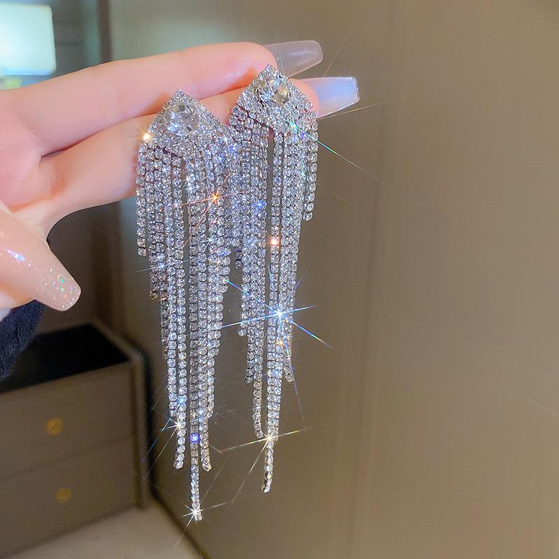 Luxury Zircon Tassel Silver Earrings – High-End European & American Fashion for Women