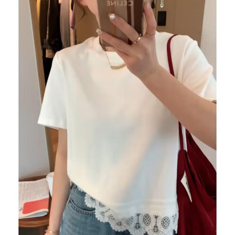 

2025 Spring/Summer European Lace Patchwork Slimming T-Shirt M
