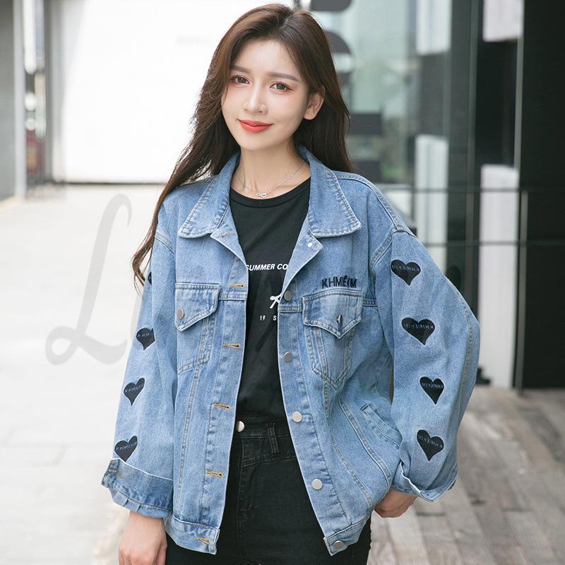 Autumn Korean Style Loose Embroidered Heart Denim Jacket for Women L синий